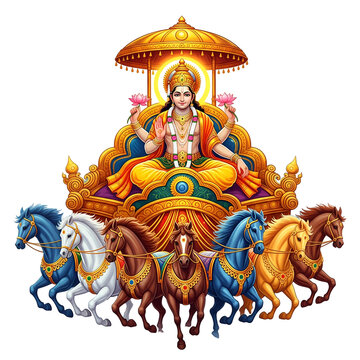 Lord Surya, the Sun God, riding a golden chariot drawn by seven horses, isolated on white background for Makar Sankranti posters, spiritual wall art, and astrology-themed products
