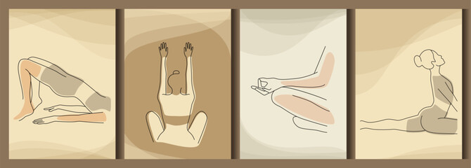 Set of posters with women practicing yoga. Healthy lifestyle. Vector illustration.