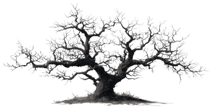Black Bare Tree with Twisted Branches on White Background