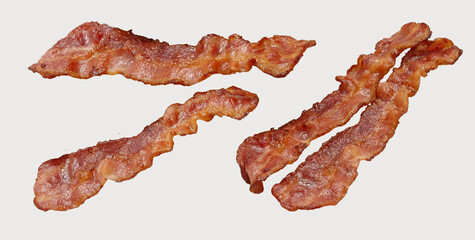 Four crispy, golden-brown bacon strips isolated on a white background, perfect for breakfast menus,...