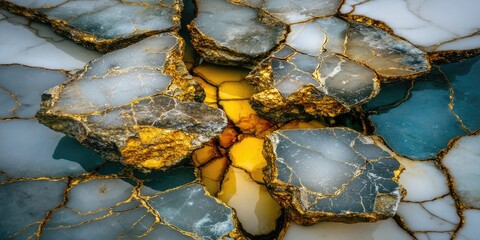 Obraz premium Close-up view of fractured, multicolored stones with gold veins