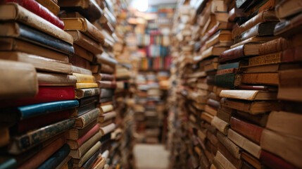 Narrow passage through towering stacks of old books in a crowded library