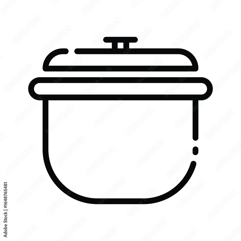 Poster a simple black line art image of a cooking pot with a lid and a handle on top viewed from a fronton 