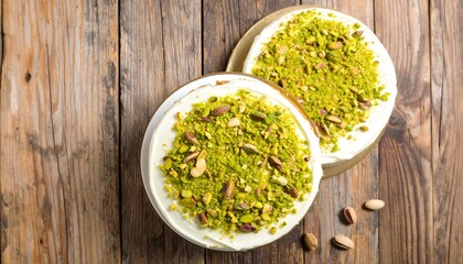 Two Pistachio-Topped Cakes on Rustic Wooden Background