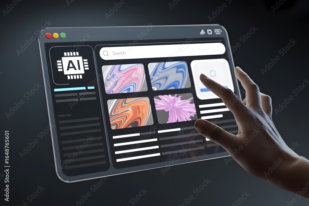Poster hand interacts with an ai powered search engine on a futuristic device showcasing abstract art and i