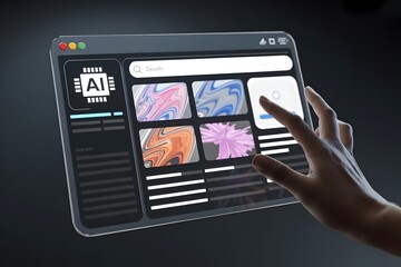 Hand interacts with an AI powered search engine on a futuristic device showcasing abstract art and information retrieval in a sleek modern interface for