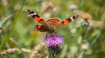 Obraz premium A beautiful butterfly with orange, black and white wings rests on a vibrant purple thistle flower in a sunlit meadow.