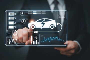 Businessman interacting with a digital display showing an electric car charging energy consumption graphs and renewable energy sources representing the future of sustainable transportation