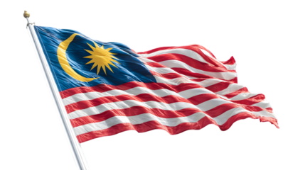 A close up shot of the malaysian flag waving in the wind against a dark black background outdoors