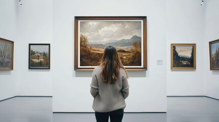 A woman viewing a large landscape white-framed picture in an art museum with white walls and a gray floor. High-resolution, crisp, detailed. 