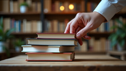 Stack of books on table with person reaching hand in classroom or library setting