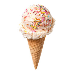 A single scoop of vanilla ice cream with colorful sprinkles on a waffle cone.