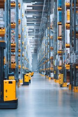 A spacious warehouse with tall shelves and moving robots Workers guide AI drones to pick and pack orders The feeling is smooth and efficient, Generative AI