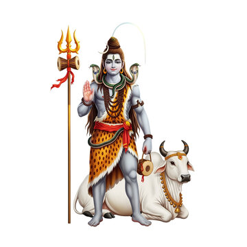 Lord Shiva standing gracefully with a trishul in hand, wearing tiger skin and Rudraksha beads, isolated on a pure white background. Perfect for religious merchandise, spiritual posters, and devotional