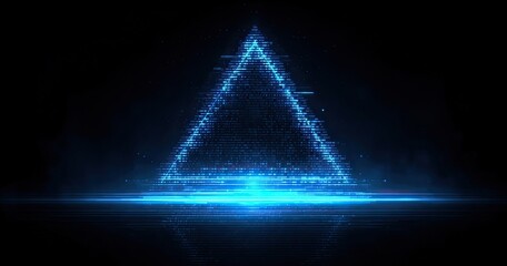 A glowing, digital triangle, outlined with blue light, on a dark background