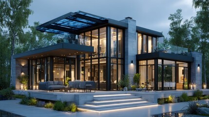 Obraz premium Modern Luxury Home Exterior with Patio at Dusk, Contemporary Architecture