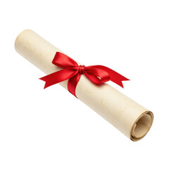 A meticulously rolled-up aged parchment scroll, off-white to light brown, secured with a deep crimson red satin ribbon tied in a neat knot, floating centrally on a transparent seamless studio