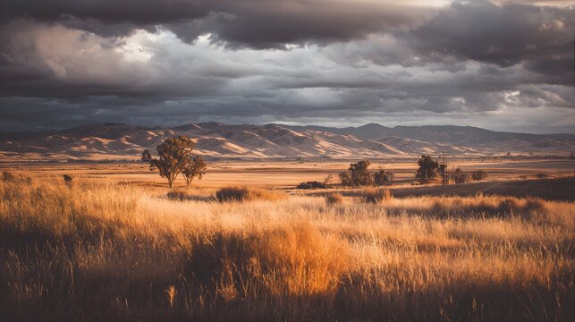 Golden grass field stretches to a distant mountain range under a dramatic sky. - Powered by Adobe