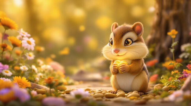 Adorable Cartoon Chipmunk Holding a Magical Glowing Object in a Dreamy, Golden Enchanted Forest Landscape with Wildflowers and Soft Light