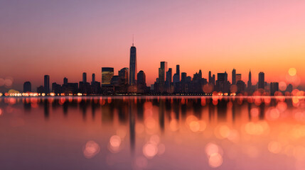 Obraz premium Modern city skyline reflecting on water at sunset with vibrant colors and silhouettes