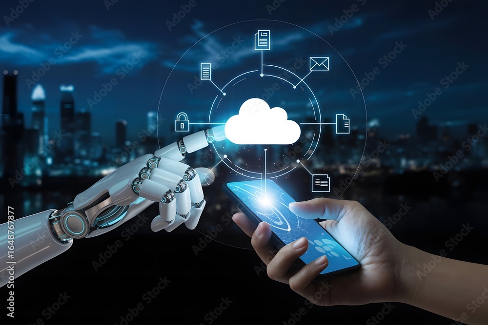 Poster robot and human hands connecting to cloud storage via smartphone representing the future of technolo