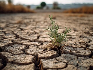 Small shrub growing through cracked dry soil on a parched field, showing natural vegetation in a drought-affected environment
