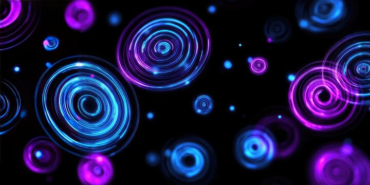 Abstract swirling circles of vibrant blue and purple light against a black background