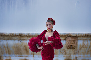 A beautiful woman dancing flamenco in a square in Seville, Spain. She is wearing a red dress with...