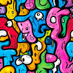 2D illustration of a tileable pattern of graffiti doodles isolated on a white transparent background