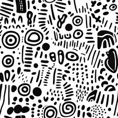 2D illustration of a tileable pattern of hand-drawn doodles isolated on a white transparent background