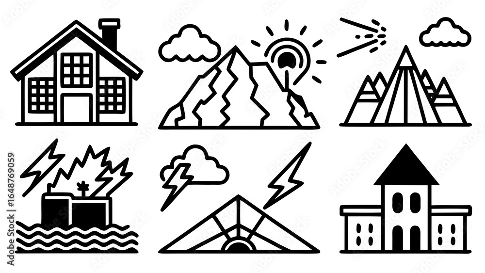Poster Black and white line art with house mountain and lightning bolt illustrations in a row and column format created with generated ai