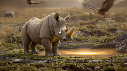 Stylized Rhino with Luminous Eyes in Golden Savanna Landscape at Sunset, Digital Art Wildlife Illustration with Flying Birds and Reflective Water