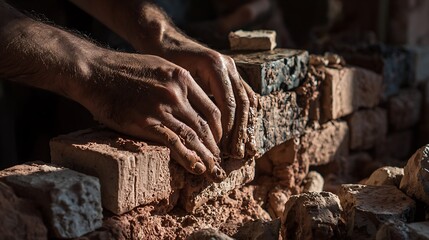 Laying Bricks Construction Worker Building Wall with Bricklaying Mortar Closeup