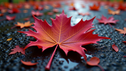 Red maple leaf on forest ground with moss and natural textures in early fall