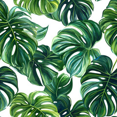 2D illustration of a tileable pattern of tropical leaves isolated on a white transparent background