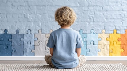 Child with Puzzle Piece Background for Autism Awareness Back View Kid Sitting in Front of Wall