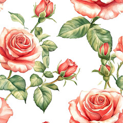 2D illustration of a tileable pattern of watercolor roses isolated on a white transparent background
