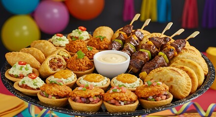 Assorted Party Snacks with Mini Tacos, Skewers, and Dips on a Colorful Table