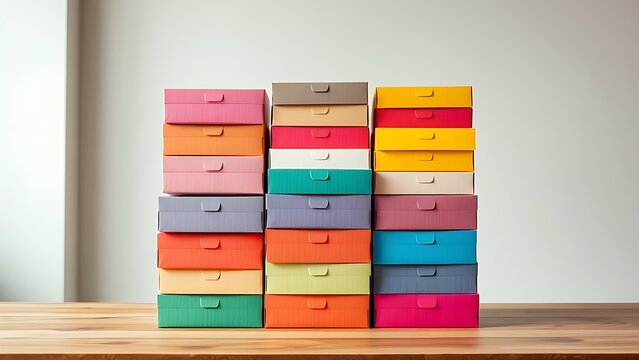 Colorful package boxes neatly stacked on a wooden table, showcasing modern packaging design.