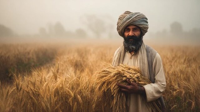 Farmer in Wheat Field: A weathered farmer, clutching a bundle of ripe wheat, stands proudly in his golden field, enveloped by the soft embrace of morning mist.