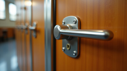 Obraz premium Silver classroom door handle on wooden door in bright educational hallway