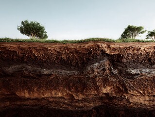 Fototapeta premium Cross-section of soil layers with visible tree roots extending into the subsoil, showing structure from surface vegetation to deeper layers