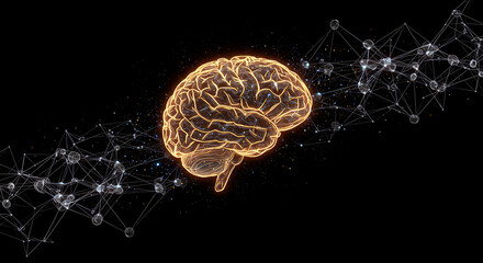 Glowing translucent human brain connected to abstract digital network structures on a black background, symbolizing artificial intelligence and thought.
