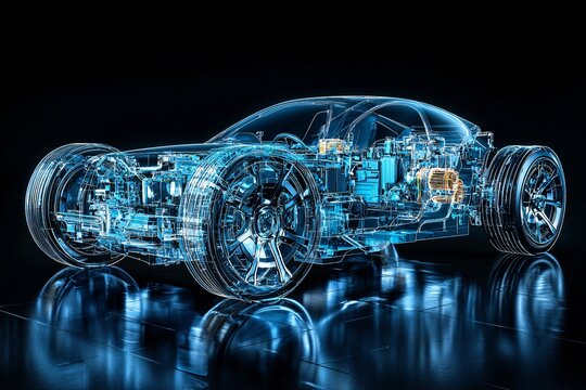 A conceptual illustration of a transparent, high-tech car showcasing its intricate internal components and advanced engineering design against a sleek black background.