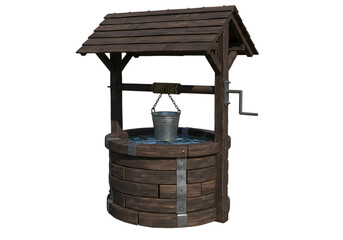 Fototapeta premium Rustic Wooden Wishing Well with Metal Bucket and Crank isolated on transparent background