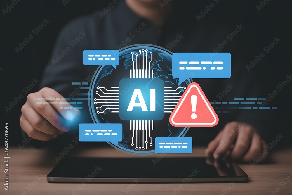 Poster artificial intelligence risk management concept person using a tablet with ai interface warning sign