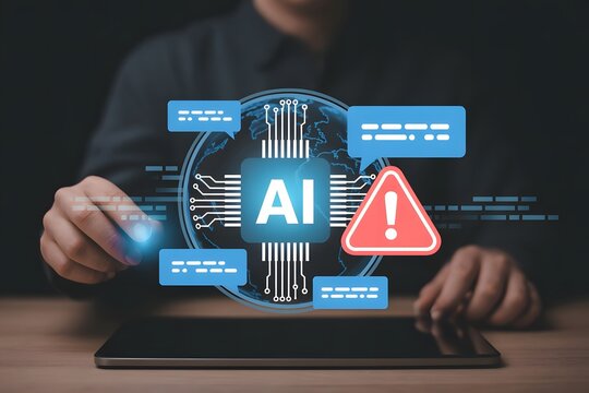Artificial intelligence risk management concept person using a tablet with AI interface warning sign chat bubbles and global network illustrating potential dangers and ethical - Powered by Adobe