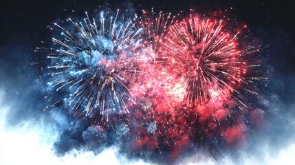 Fototapeta premium Spectacular Red and Blue Fireworks Display Against Starry Night Sky