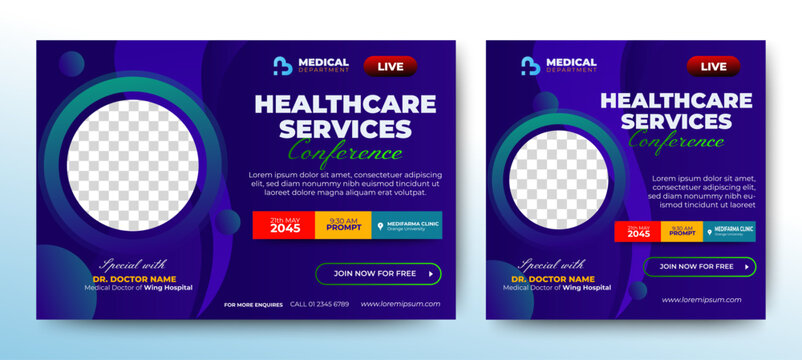 Healthcare service live webinar banner invitation and social media post template. Health webinar invitation design.