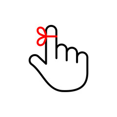Ribbon on finger as a reminder line icon. Hand with a knot tied around index finger. Memory, important tasks, appointments symbol. Not forgetting significant responsibilities. Vector illustration. 